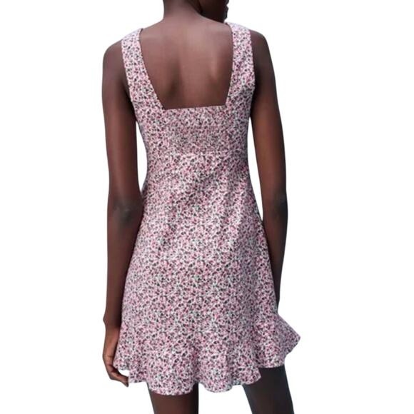 Zara NWT Linen Blend Floral Mini Dress Pink Green XS - Picture 2 of 7